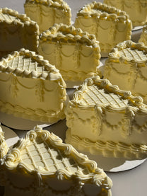 close-up of cake slices with decorative icing